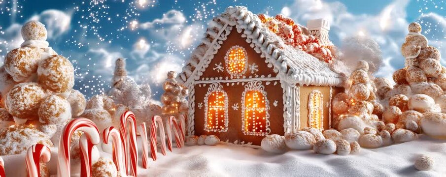 Gingerbread house sparkling in a snowy fantasy landscape with candy canes and sweet treats