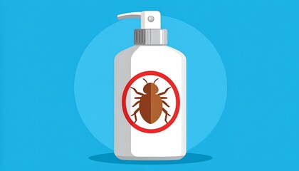 A vector illustration depicts a white spray bottle with a red circle containing a brown insect symbol on a bright blue background