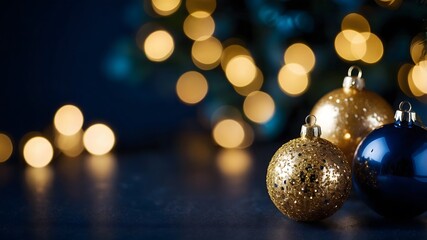 Bolas de Navidad doradas y azules con luces bokeh sobre fondo oscuro elegante