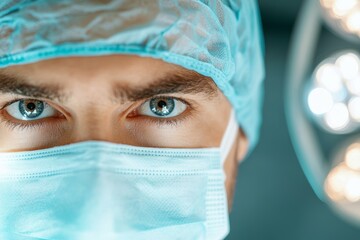 Male surgeon in surgical mask and cap, focused expression in operating room with bright lights