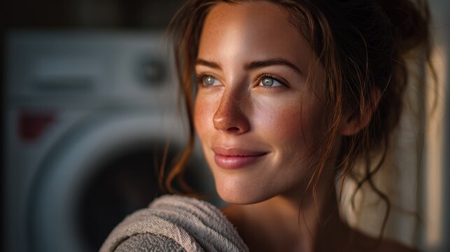Close-up portrait of a serene woman with freckles and brunette hair