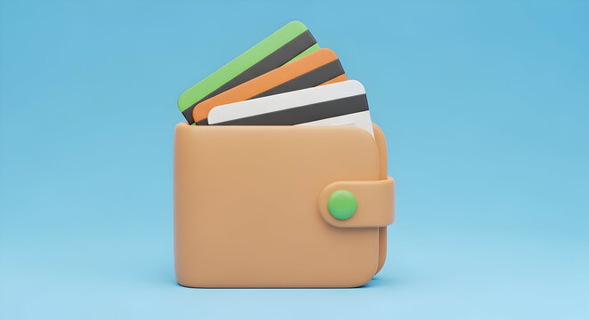 Cartoon wallet with credit cards on a blue background representing finance and digital payment methods - Powered by Adobe