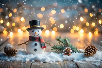 Obraz premium Adorable snowman with a top hat and scarf surrounded by pine cones and branches in a snowy winter scene