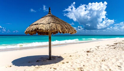 A serene beach scene featuring a straw umbrella casting a shadow on the sand with turquoise water & puffy white clouds