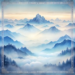 A serene mountain range covered in mist, creating a tranquil and ethereal landscape with a soft color palette