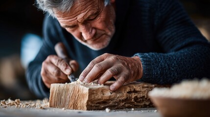 Older man carving wood with precision in workshop
