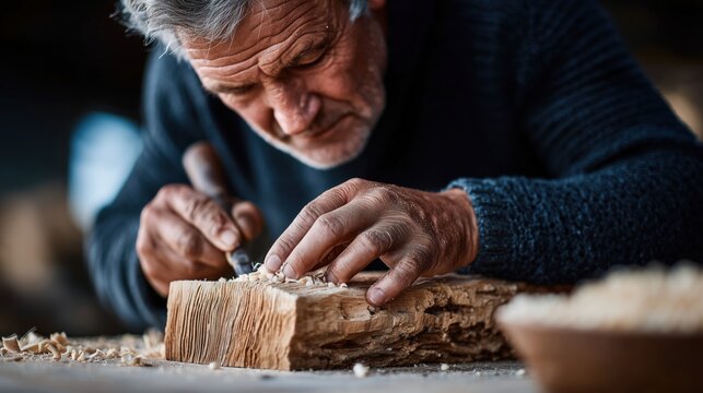 Older man carving wood with precision in workshop - Powered by Adobe