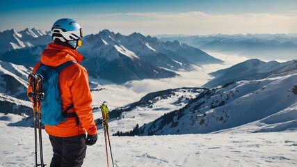 Esquiador contemplando el paisaje alpino desde la cima nevada, símbolo de libertad, aventura y conexión con la naturaleza invernal