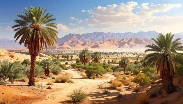 A picturesque desert scene. Palm trees dominate the foreground, dirt road leads toward mountains in the background beneath a blue sky