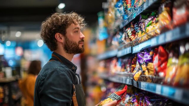Closeup of an employee restocking snack items on store shelves capturing detailed action with a shallow depth of field that blurs the busy store interior behind.