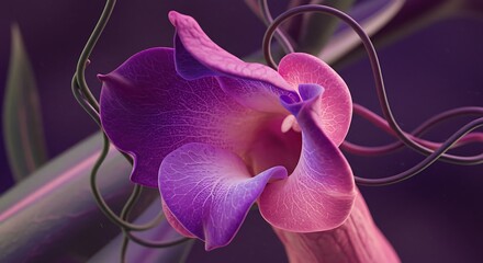 Artistic purple and pink flower with abstract tendrils and soft focus