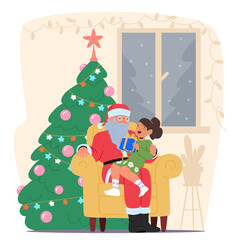 Happy smiling little girl sitting on Santa Claus knees rejoicing gift on Christmas cartoon scene