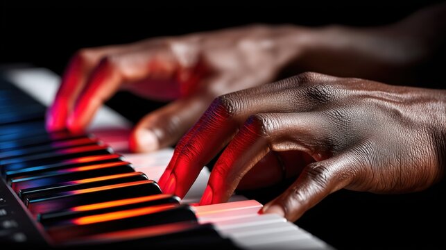Close-up of hands playing keyboard with dramatic red and blue lighting