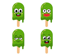 Four cartoon green ice cream popsicles with various facial expressions, including happy, surprised, and bored, on a white background.