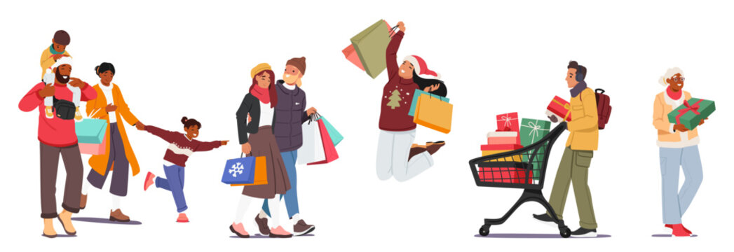 Excited people customers diverse cartoon characters enjoying Christmas shopping isolated set