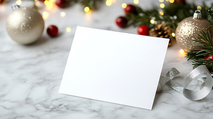 Holiday Card Mockup: Blank card amidst festive ornaments, lights, pine branches on a marble surface. Perfect for personalized greetings.