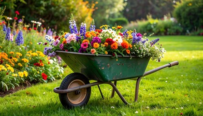 A verdant garden scene with a wheelbarrow overflowing with vibrant, colorful flowers. Lush greenery surrounds the scene bathed in sunlight