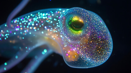Glistening Sea Creature: A translucent marine animal sparkles with colorful bioluminescence against the dark ocean backdrop, captivating viewers.