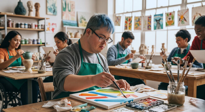 Young male artist with down syndrome is concentrating on painting with colorful acrylics on canvas in an art class surrounded by diverse students