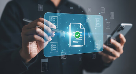 Person uses a pen on a digital screen displaying document icons and a green check mark on a central document, while holding a mobile phone.