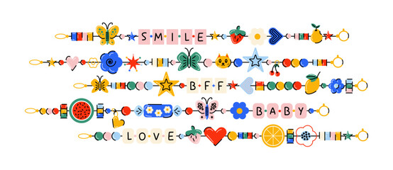 Cartoon friendship bracelets set. Handmade beaded jewelry with letters, hearts, stars, butterflies, and fruits. Fun colorful nostalgic DIY accessories in retro doodle style for kids and teens
