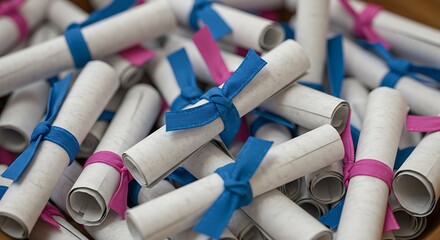 Rolled diplomas tied with ribbons symbolizing education and achievement