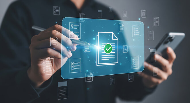 Person uses a pen on a digital screen displaying document icons and a green check mark on a central document, while holding a mobile phone. - Powered by Adobe