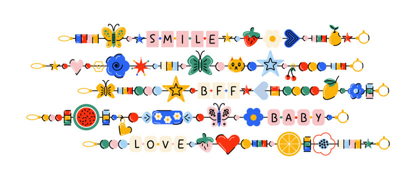 Cartoon friendship bracelets set. Handmade beaded jewelry with letters, hearts, stars, butterflies, and fruits. Fun colorful nostalgic DIY accessories in retro doodle style for kids and teens