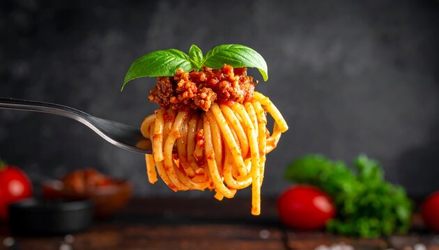 A fork holds spaghetti with a rich meat sauce, topped with fresh basil. Red tomatoes and greens decorate the scene. Dark background