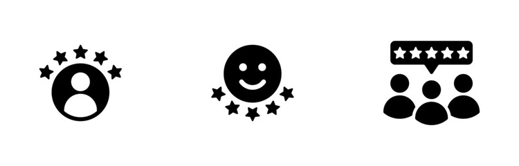 Feedback icons set ; customer satisfaction icon. user ratings icon with stars. group feedback icon. symbolizing high quality, excellent service, customer reviews and team evaluation
