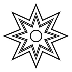 Minimalist geometric star with eight points and a central circle in a black and white line drawing design element vector