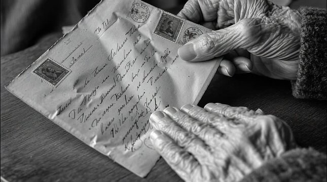 Touching close-up of elderly hands gently holding and rereading a worn, vintage airmail letter with faded ink and an old postmark &mdash; a memory from a loved one long ago.