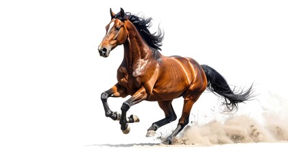 Obraz premium A majestic brown equine gallops across sand, mane and tail flowing, isolated on white with a dust cloud