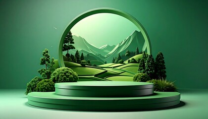 A verdant scene features a tiered platform, ringed arch framing a stylized mountain landscape, & lush greenery