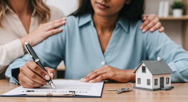 Close up of interracial lesbian couple signing a real estate contract to buy new home, with keys and miniature house on desk