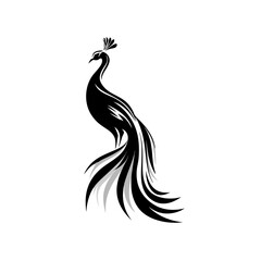 Obraz premium Elegant black peacock silhouette vector art. Stylized majestic bird with long tail, perfect for logo design, decorative elements, or symbolic graphics.