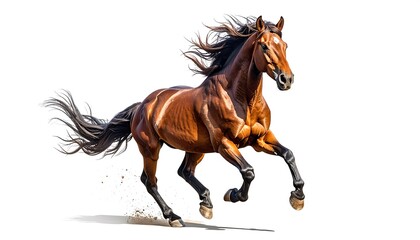 Fototapeta premium A majestic brown horse gallops across a white background, showcasing its powerful muscles and flowing mane/tail. The motion is captured mid-stride