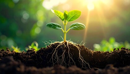 A verdant sprout emerges from dark soil, roots exposed. Sunlight bathes the tender leaves, with a blurred natural backdrop