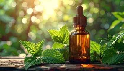 Amber bottle of herbal essence, surrounded by fresh leaves in a natural setting