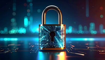 A glowing, metallic padlock rendered on a circuit board, with digital lines representing a network connection. Blurry lights in background