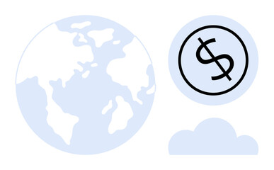 Earth globe, dollar sign in a circle, and a cloud symbolize global finance, sustainability, economic trends, digital marketing, technology, eco-friendly commerce geographic reach. A simple flat