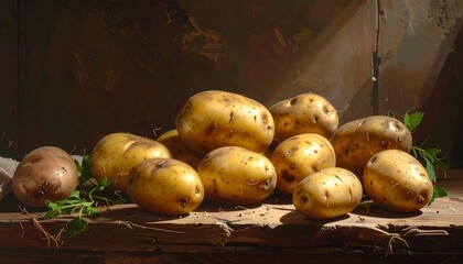 Still life of potatoes on a rustic wooden surface