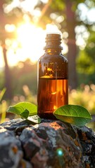 Amber bottle of liquid nestled on rocks with leaves in a sunlit natural setting