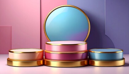 A vibrant, 3D-rendered scene with gold-trimmed circular platforms, a large mirror, and pastel-colored backdrop