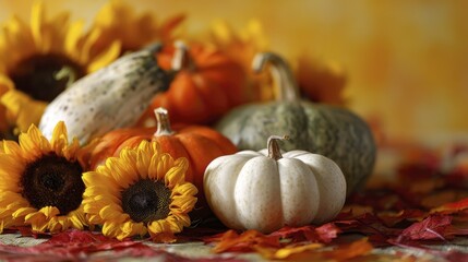 Autumn harvest display with decorative pumpkins gourds sunflowers and colorful fall leaves