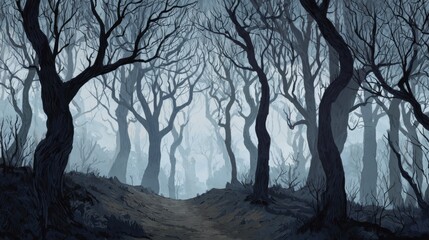 Misty Halloween Forest with Winding Path and Bare Eerie Trees