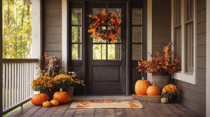 Cozy autumnal front porch decorated with pumpkins, fall wreath, and potted chrysanthemums by a dark wood door