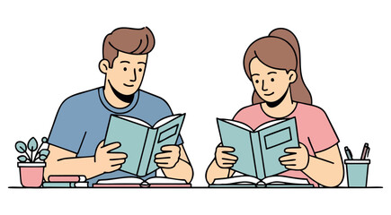 A young man and woman are sitting at a desk reading books, with plants and pens nearby.