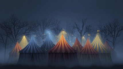 Halloween Theme Night with Colorful Circus Tents and Bare Trees Amidst Fog