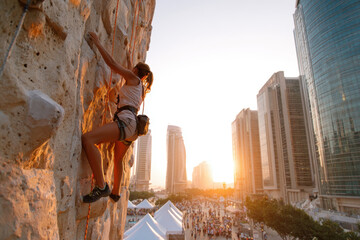 Woman climbing rock wall at sunset in urban setting